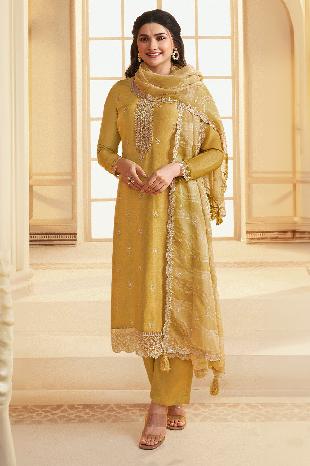 Mustard Color Embroidered Crepe Silk Unstitched Suit Fabric