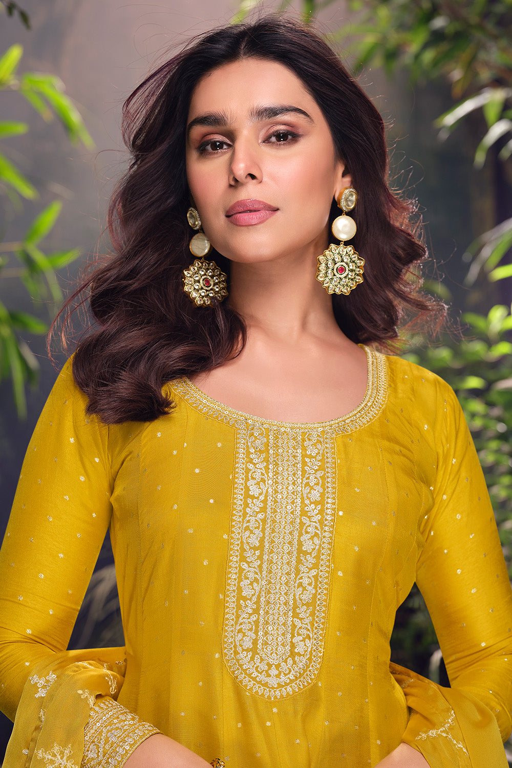 Mustard Silk Zari Embroidered Anarkali Suit With Palazzo