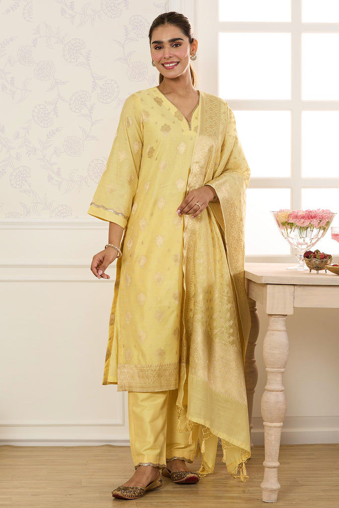Yellow Chanderi Cotton Zari Woven Unstitched Suit Material