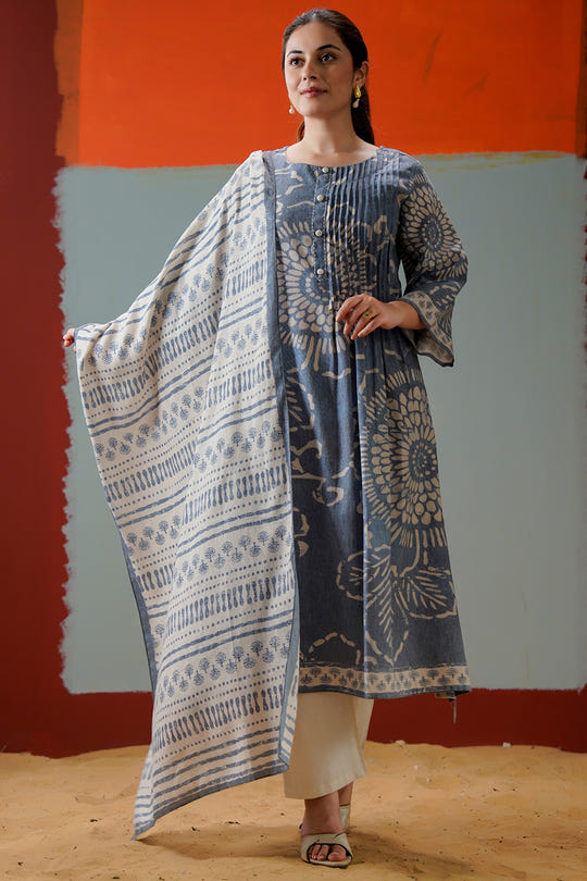 Grey Cotton Floral Printed Suit Set