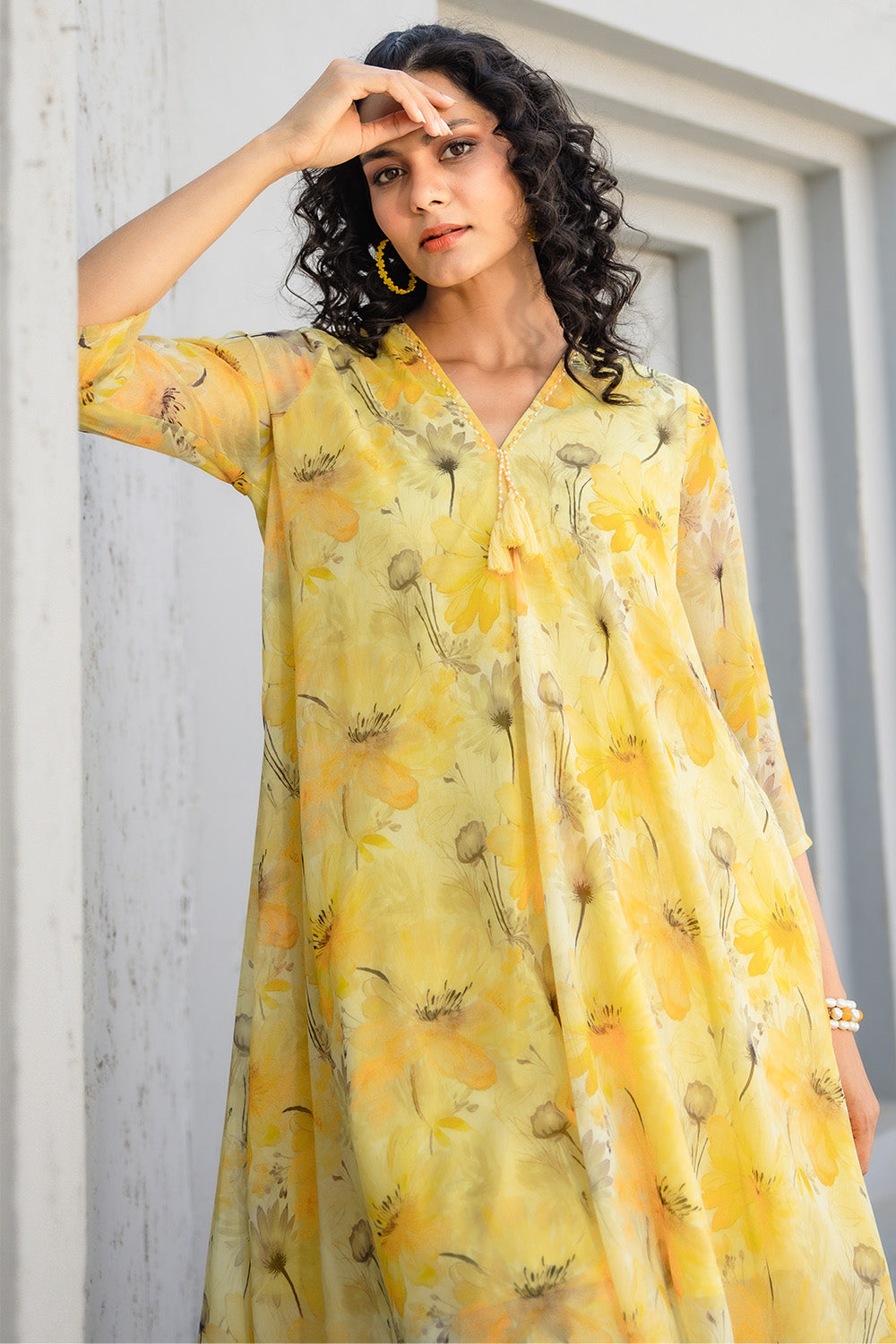 Yellow Chinone Floral Printed Kurta with Palazzo