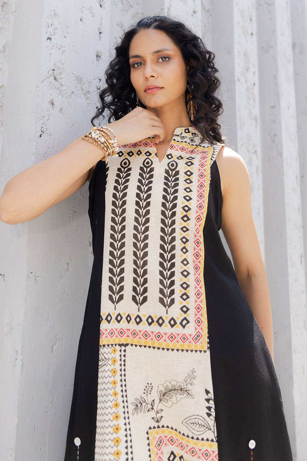 Cream & Black Colour Cotton Printed Peonies Dress