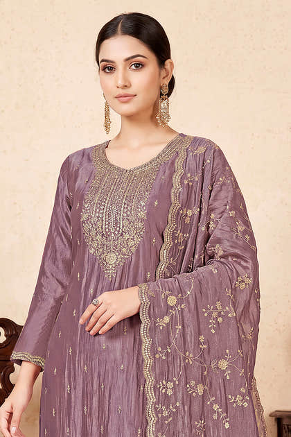 Dusty Mauve Tissue Silk Embroidered Unstitched Suit Fabric