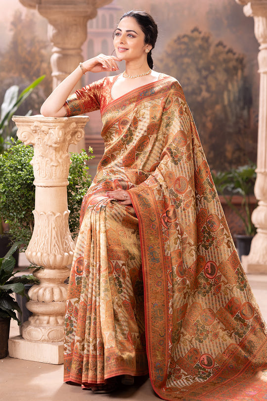 Beige Colour Position Print Woven Silk Saree