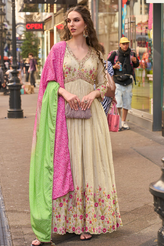 Cream Embroidered Alia Cut Anarkali Suit