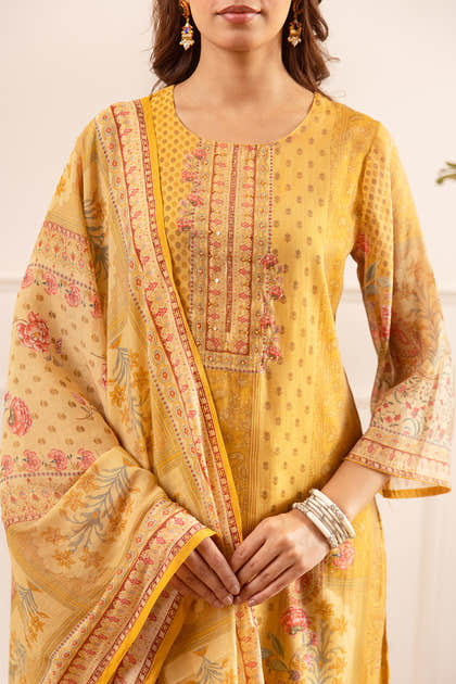 Mustard Chanderi Silk Printed Straight Suit