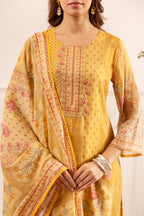 Mustard Chanderi Silk Printed Straight Suit