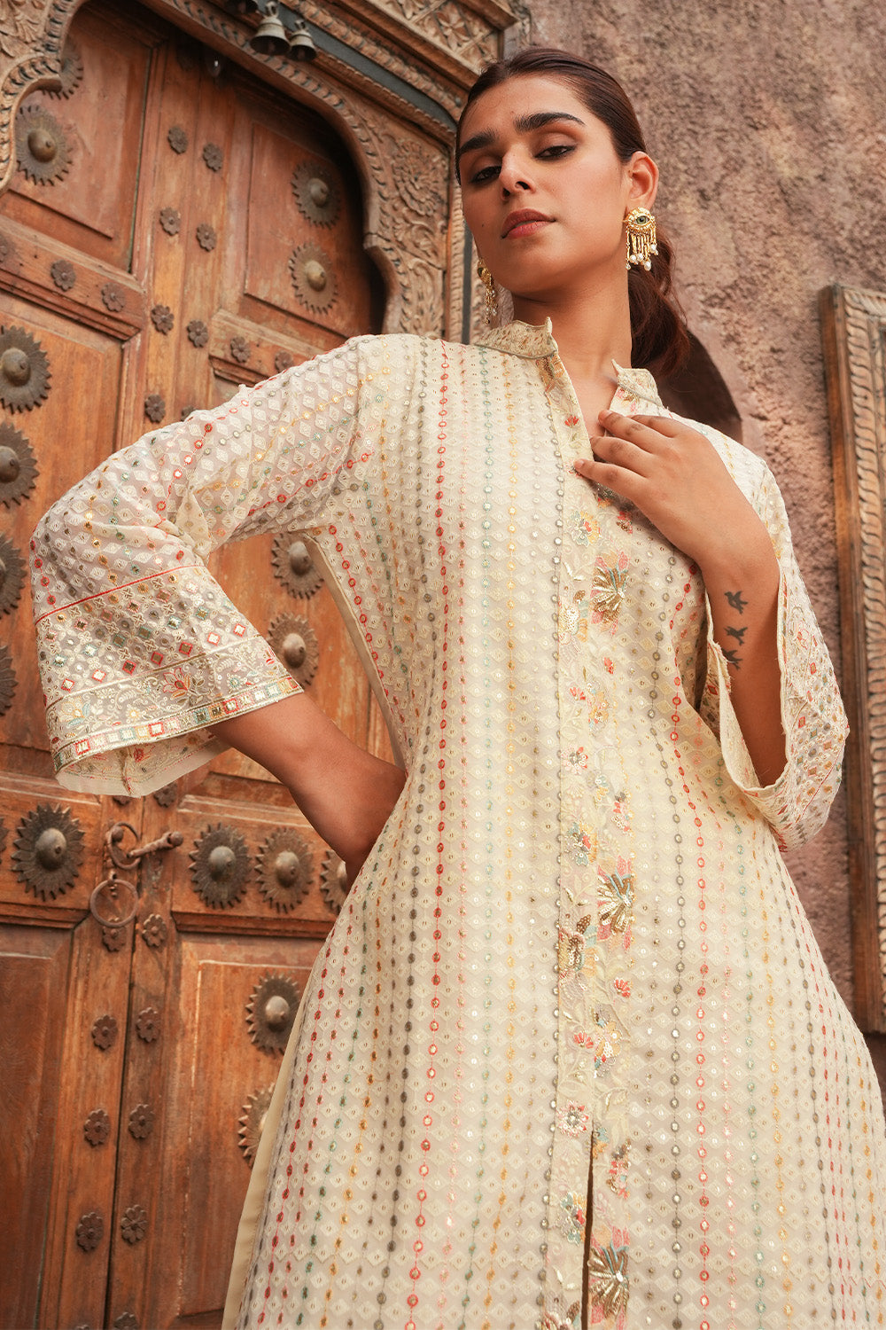 Cream Color Georgette Embroidered Kurta Set