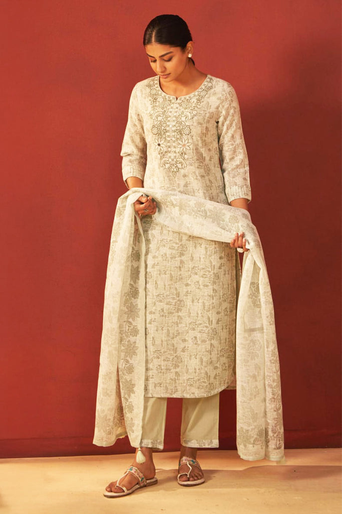 Pista Green Color Khadi Cotton Floral Printed and Neck Embroidered Suit