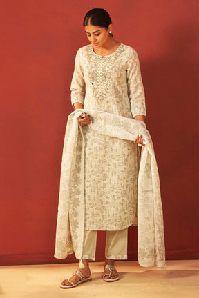 Pista Green Color Khadi Cotton Floral Printed and Neck Embroidered Suit