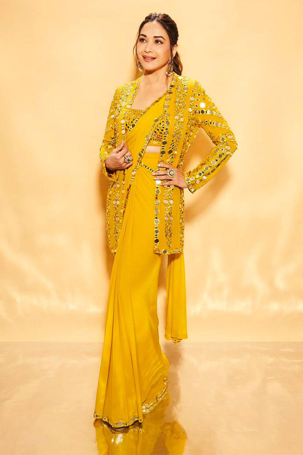 Mustard Color Georgette Mirror Embroidered Saree With Shrug