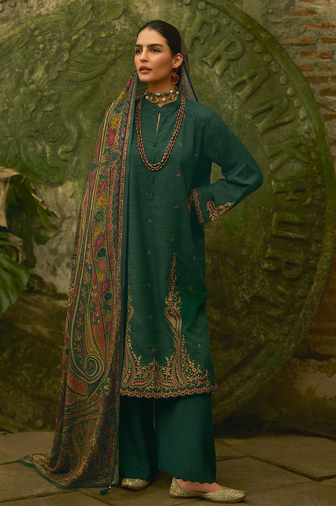 Bottle Green Tussar Silk Resham Floral Embroidered Unstitched Suit Material