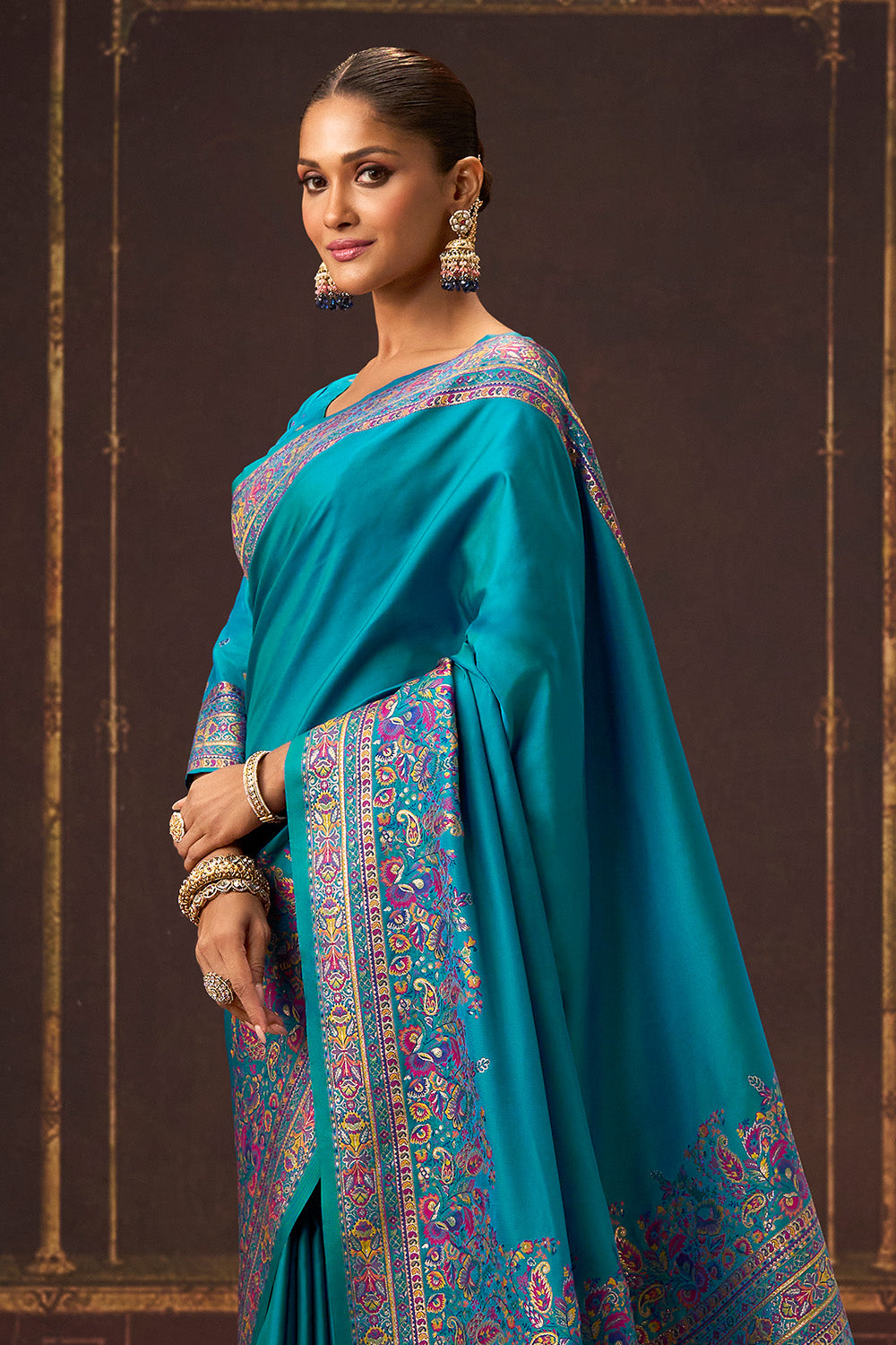 Pacific Blue Soft Silk Kalamkari Woven Saree