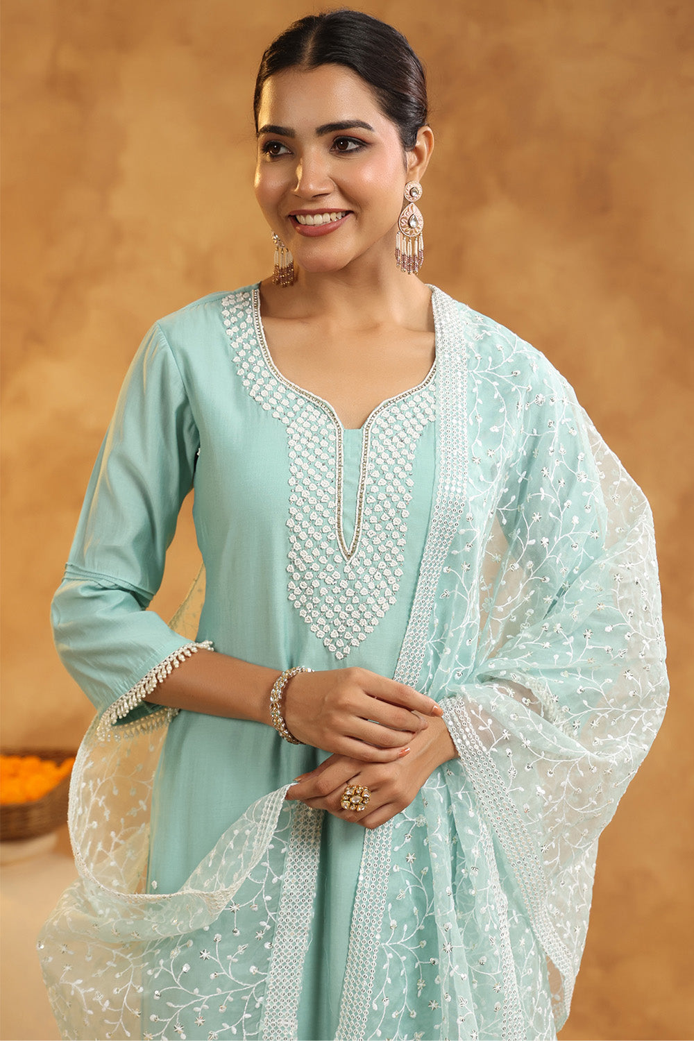 Powder Blue Color Cotton Neck Embroidered Unstitched Suit Fabric