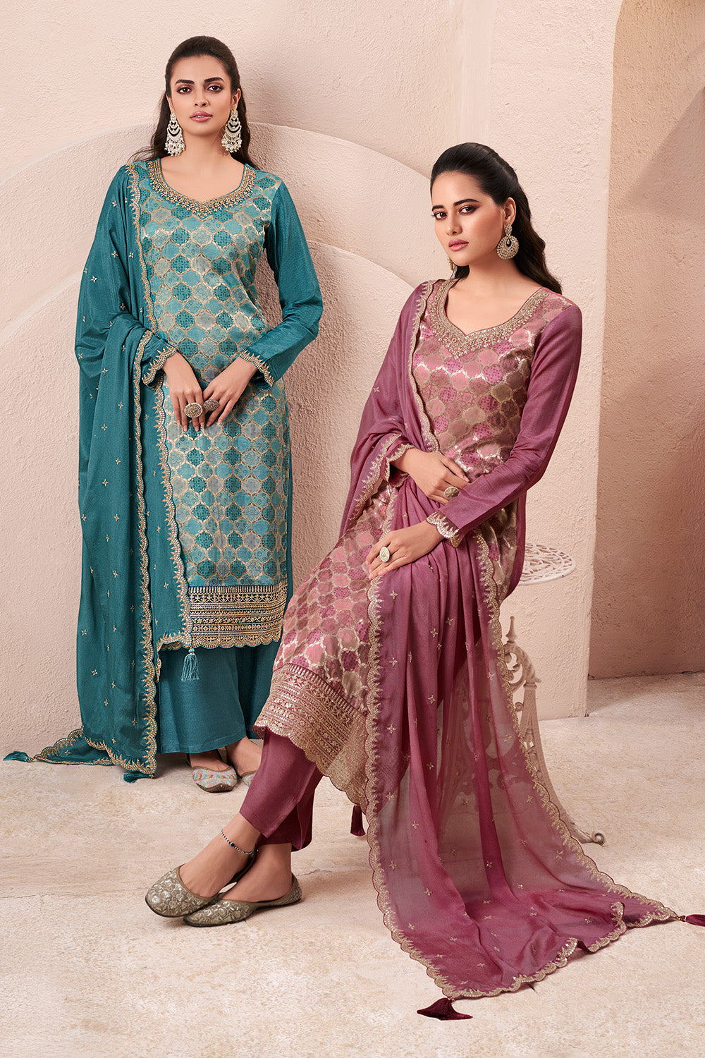 Mauve Silk Zari Woven And Embroidered Unstitched Suit Material