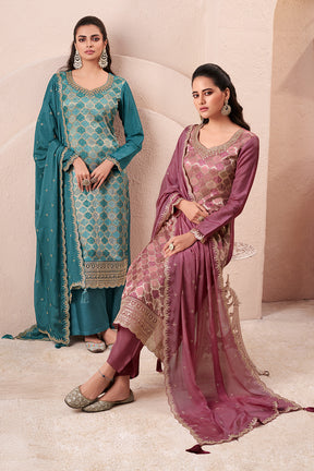 Mauve Silk Zari Woven And Embroidered Unstitched Suit Material