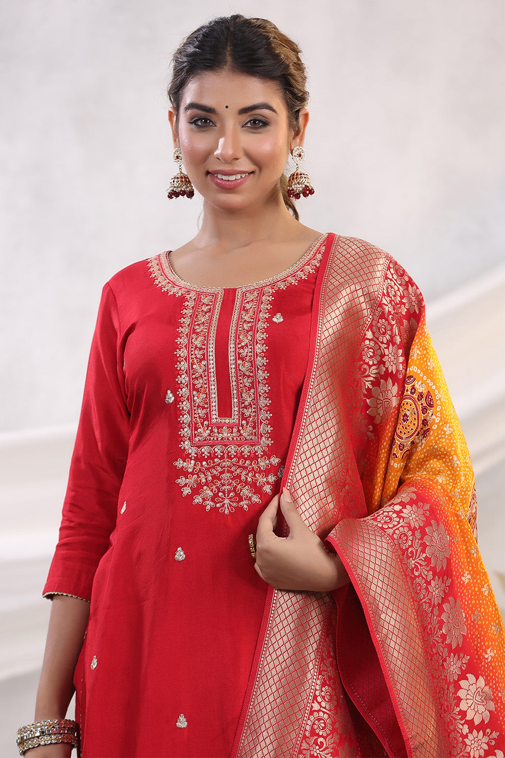 Red Color Chanderi Silk Embroidered Unstitched Suit Material With Bandhani Printed Duppata