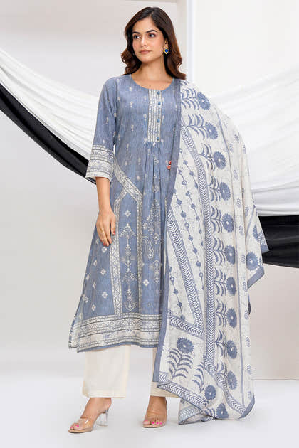 Grey Cotton Printed Suit Set