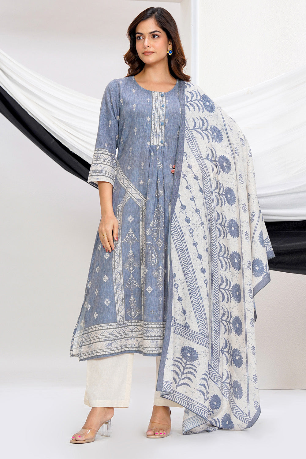 Grey Cotton Printed Suit Set