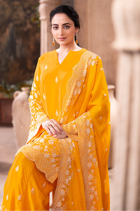 Yellow Pure Silk Floral Embroidered Suits With Embroidered Pallazo