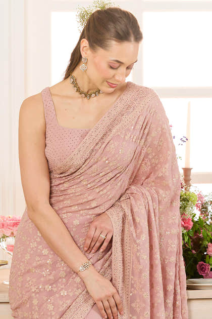 Dusty Pink Georgette Embroidered And Swaroski Work Saree