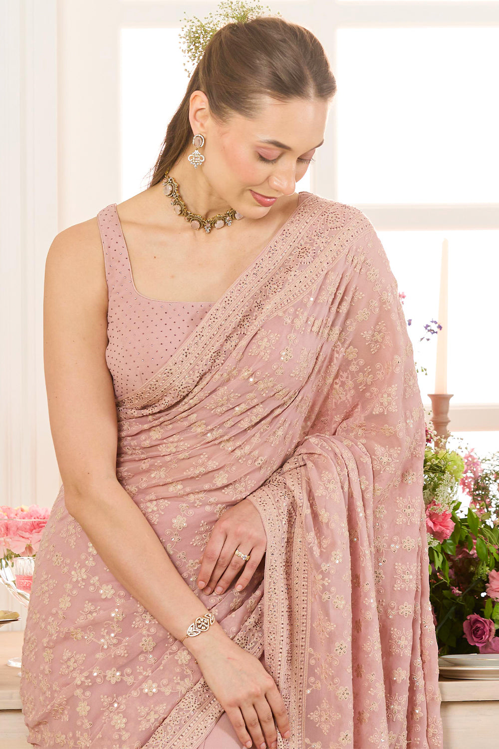 Dusty Pink Georgette Embroidered And Swaroski Work Saree