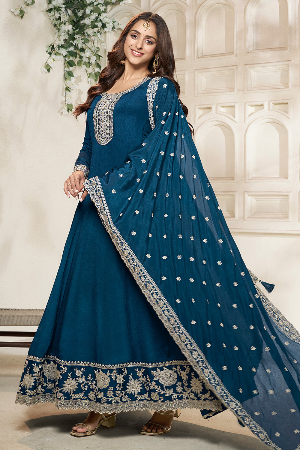 Blue Color Crepe Silk Embroidered Anarkali Kurti With Dupatta