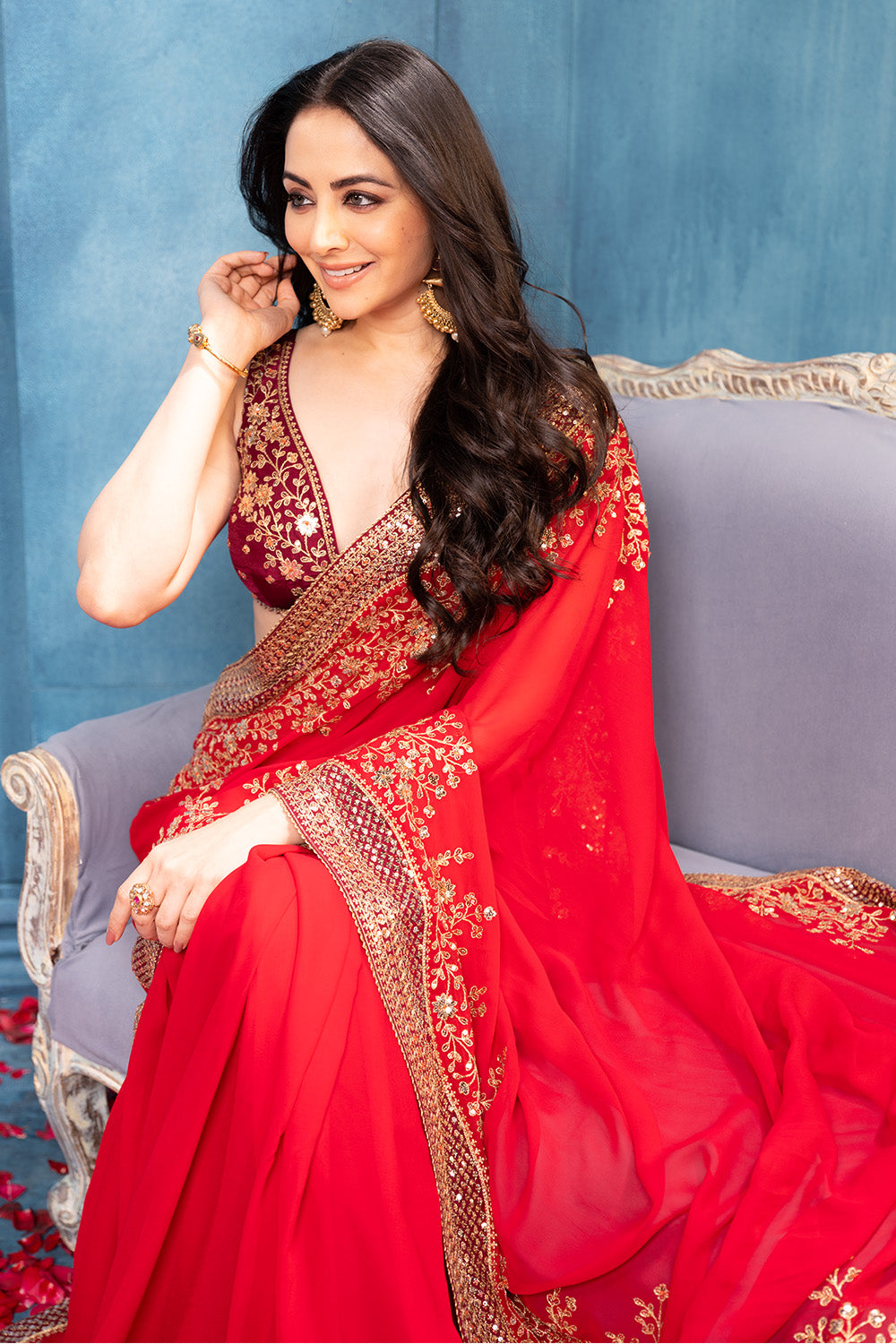 Rubi Red Pure Georgette Sequins Floral Embroidered Saree