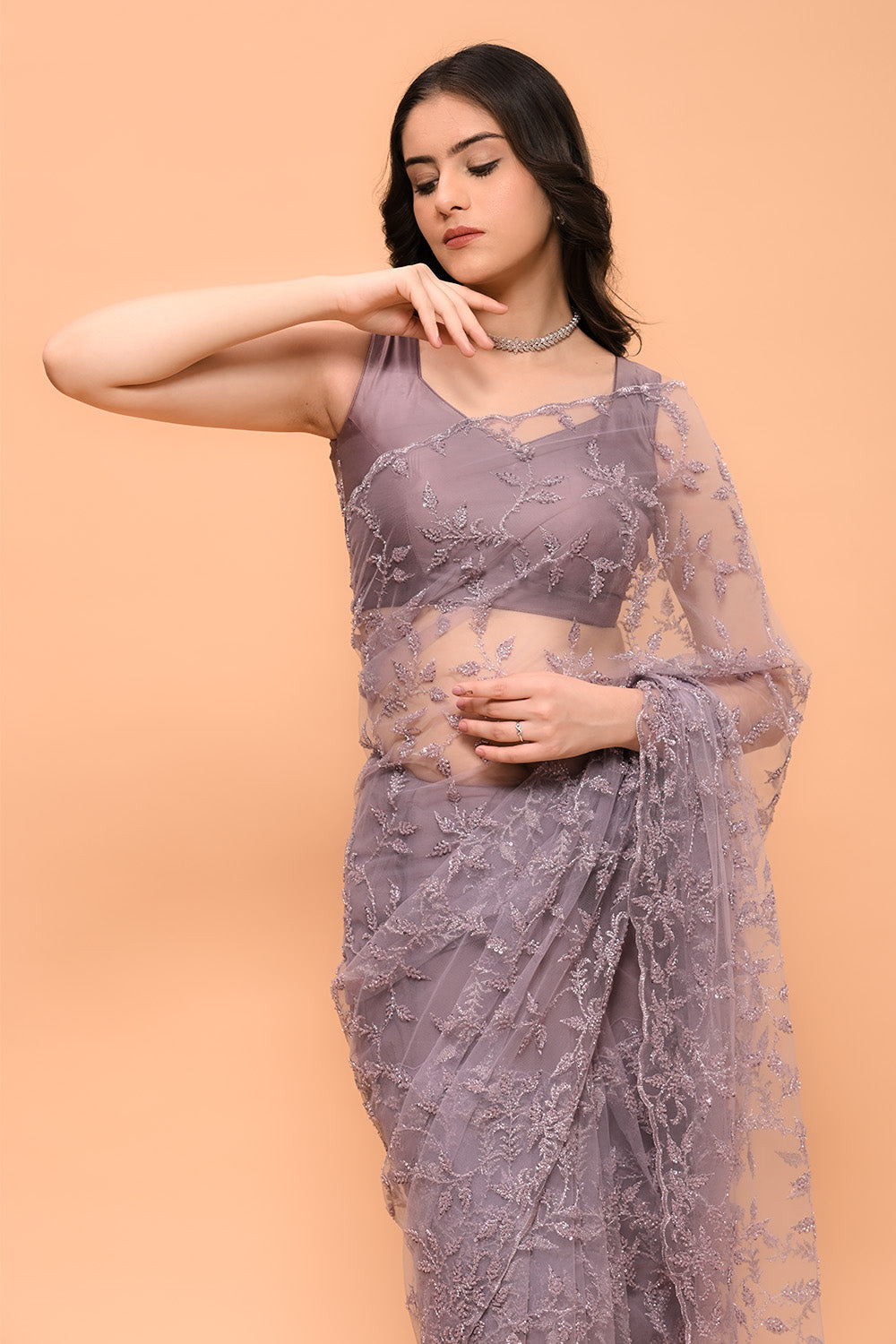 Light Mauve Color Net Cut-Dana And Zari Embroidered Saree