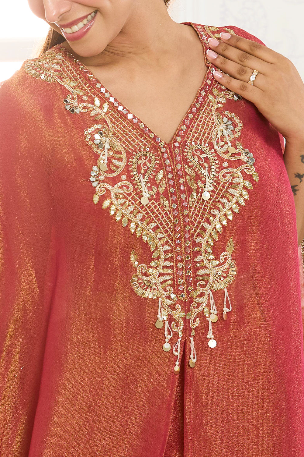 Dark Coral Shimmer Fabric Neck-Embroidered Kaftan Set with Palazzo,