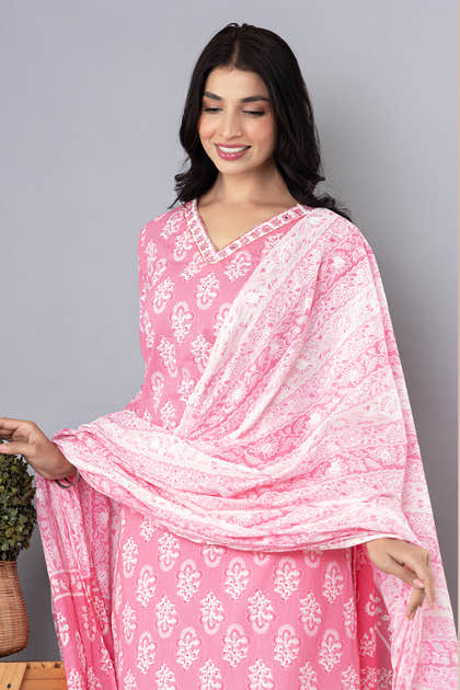 Pink Cotton Floral Printed Suit Set