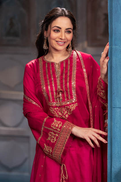 Cherry Red Sequins And Zari Embroidered Silk Suit Set