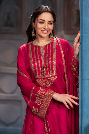 Cherry Red Sequins And Zari Embroidered Silk Suit Set