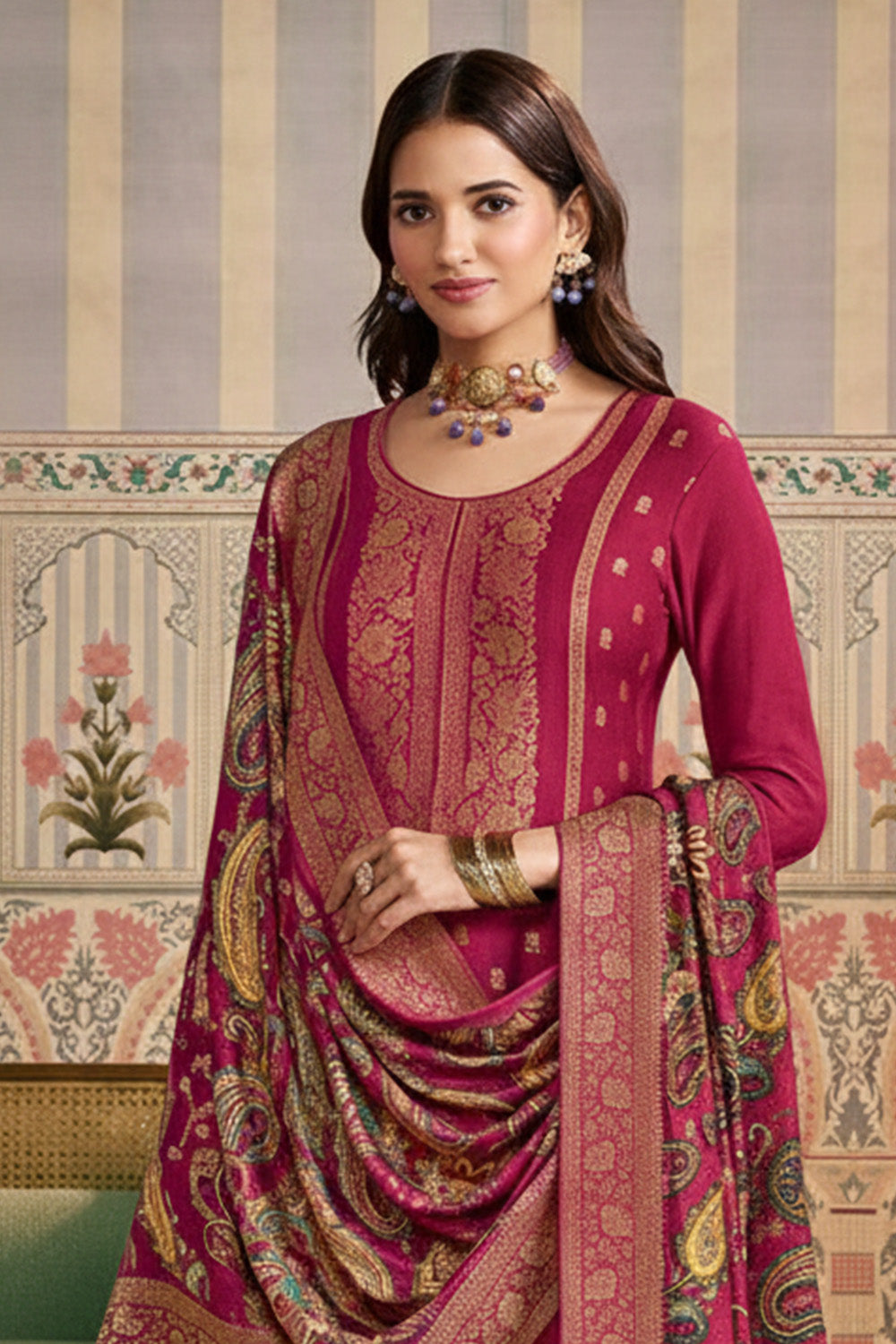 Rani Color Pashmina Woven Unstitched Suit Material