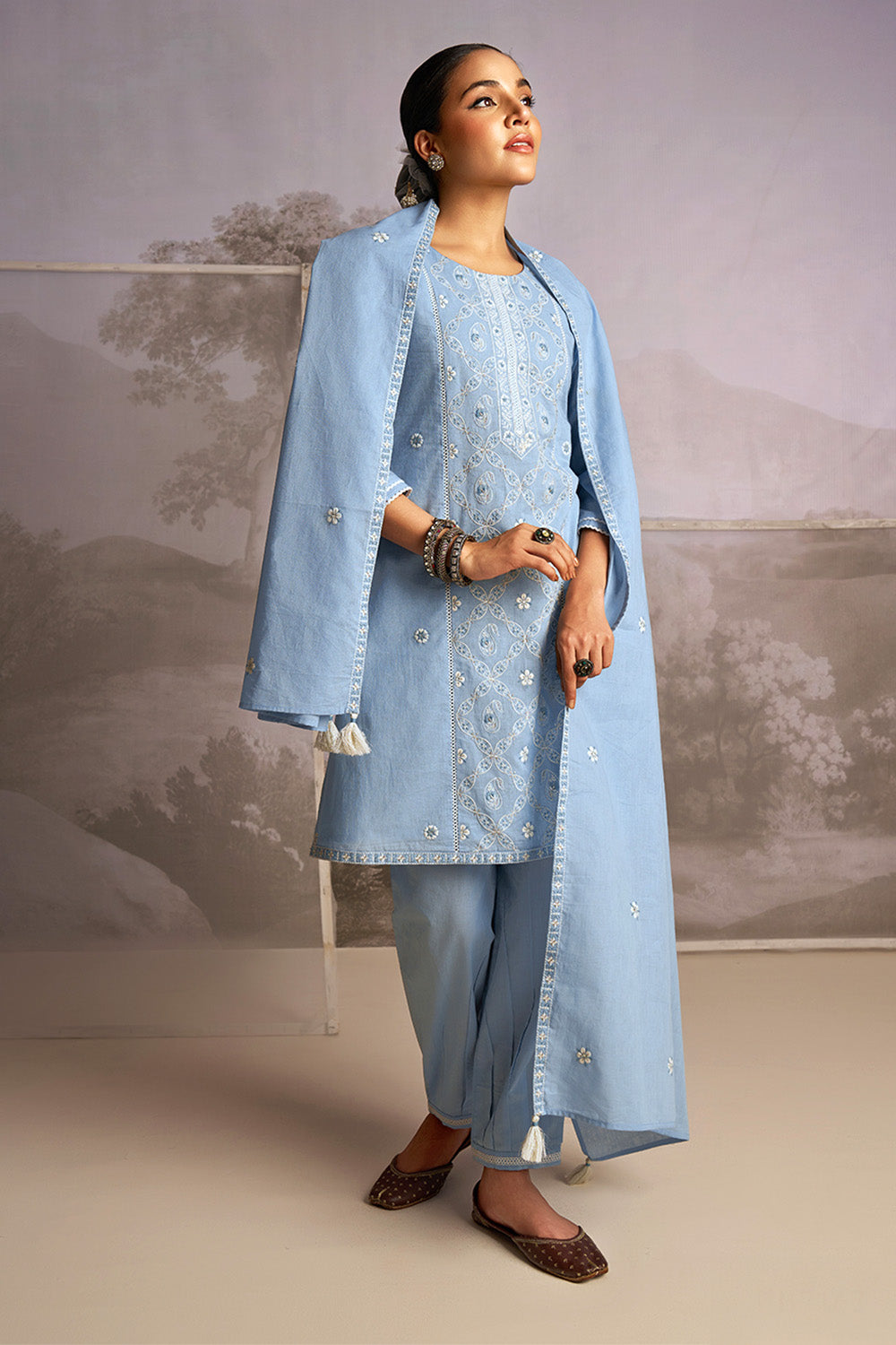 Powder Blue Color Cotton Resham Embroidered Suit