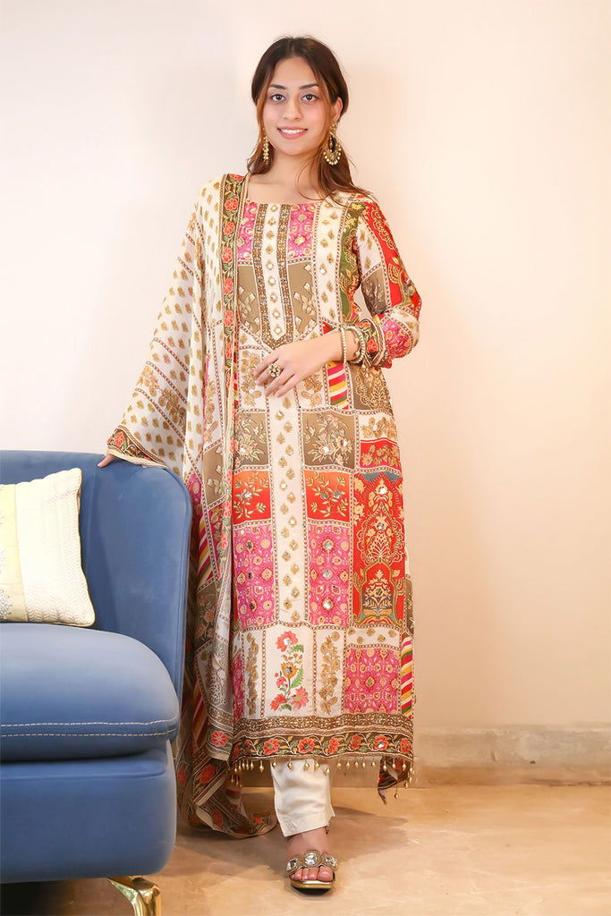 Cream Crepe Silk Printed Suit