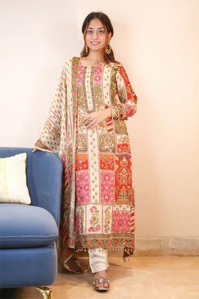 Cream Crepe Silk Printed Suit