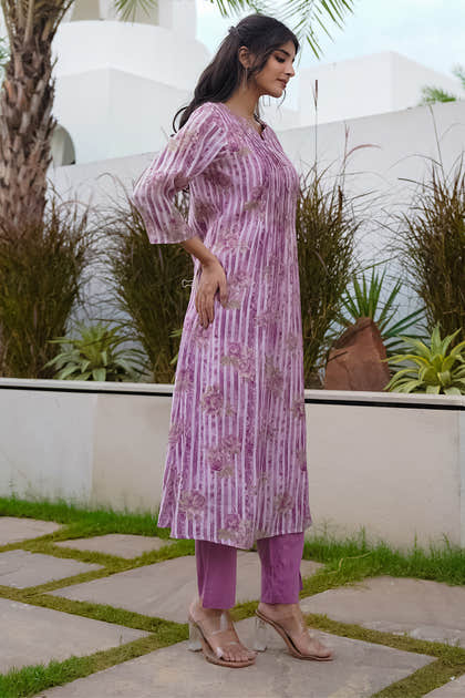 Lavender Floral Printed Muslin Kurta Set