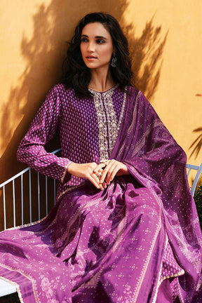 Purple Silk Printed & Neck Embroidered Unstitched Suit