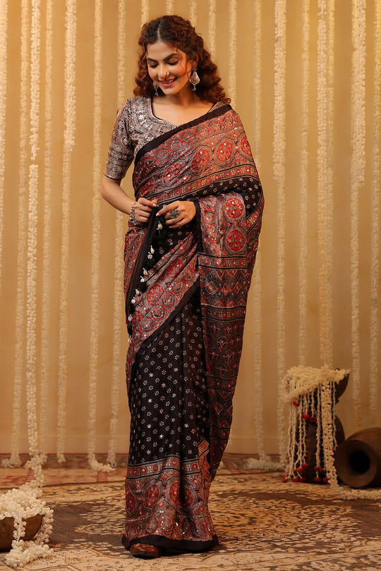 Black & Grey Pure Mulberry Silk Printed And Embroidered Saree