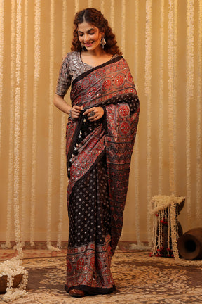 Black & Grey Pure Mulberry Silk Printed And Embroidered Saree