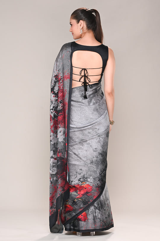 Grey Color Jacquard Silk Printed Saree