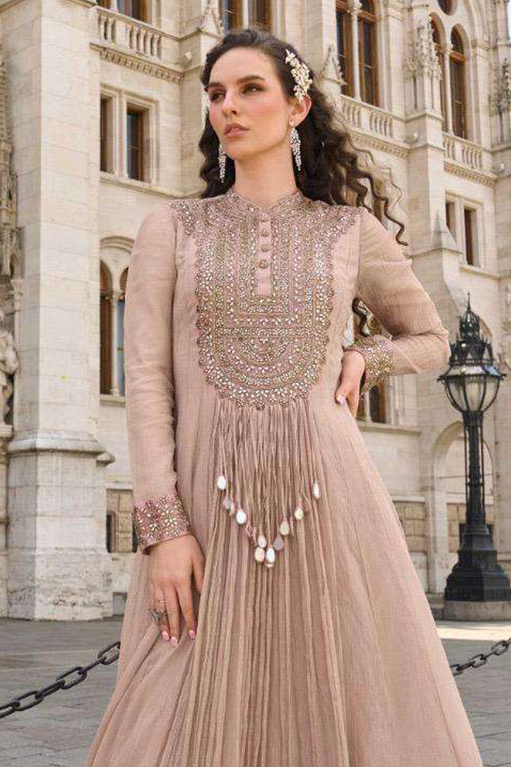 Beige Crush Tissue Mirror Work Anarkali Gown