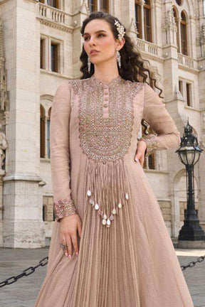 Beige Crush Tissue Mirror Work Anarkali Gown