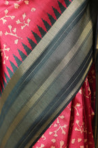 Deep Carmine Tussar Silk Floral Printed and Zari Woven Saree