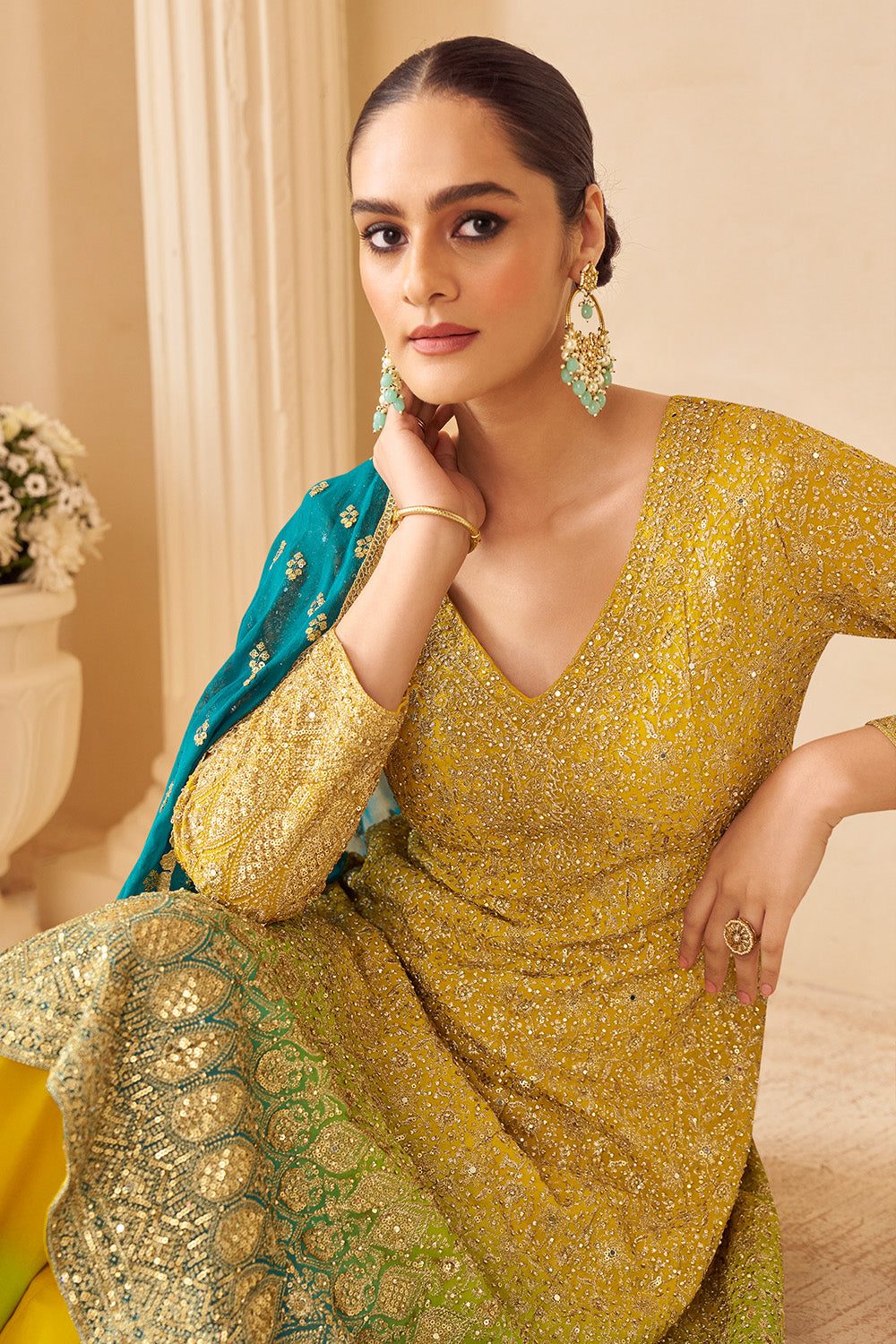 Mustard Georgette Zari And Sequins Embroidered Suit With Embroidered Palazzo