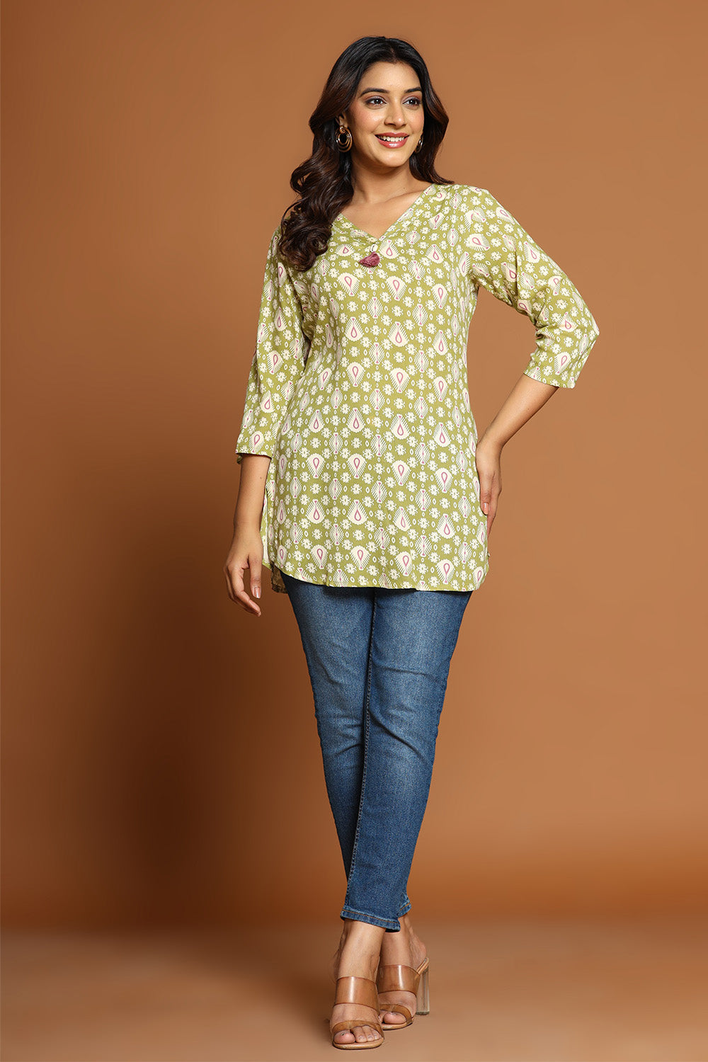 Sage Green & Beige Color Cotton Printed Tunic
