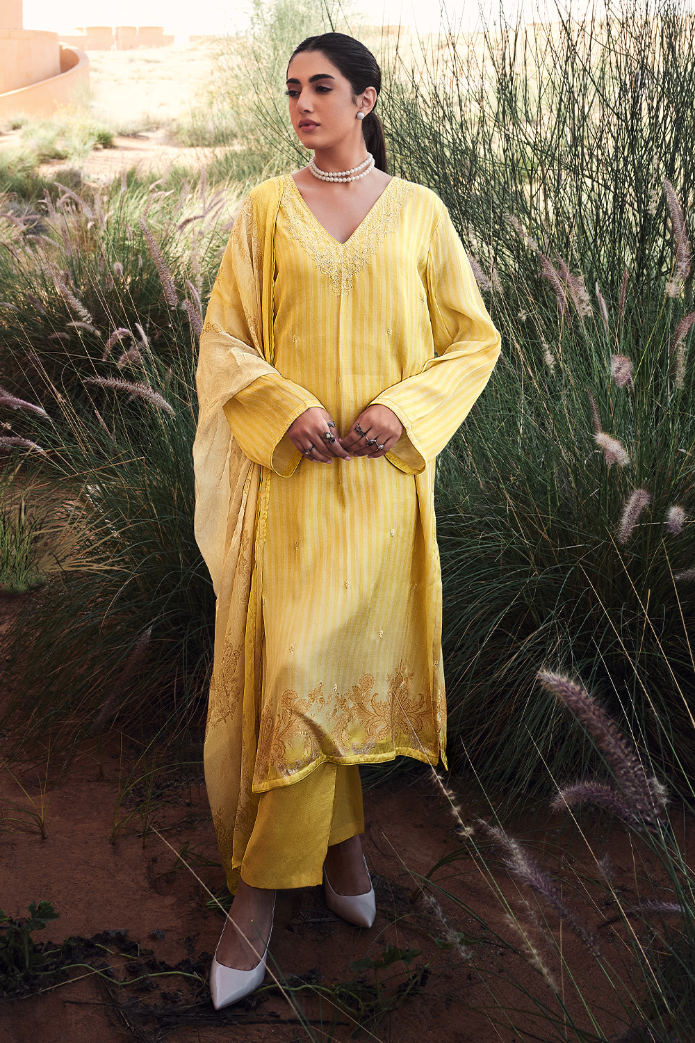 Mustard Color Printed Silk Unstitched Suit Marterial