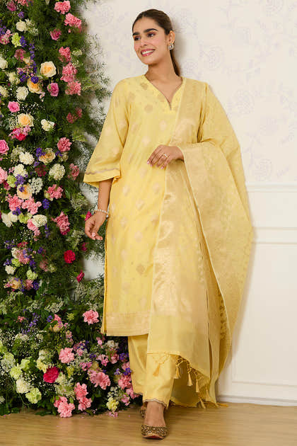 Yellow Chanderi Cotton Zari Woven Unstitched Suit Material