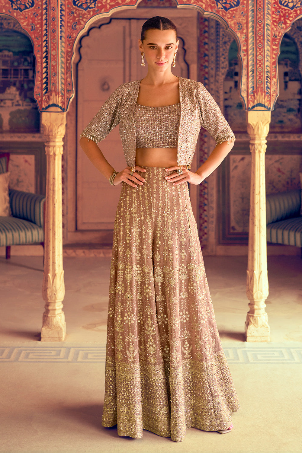 Brown  Embroidered Crop-Top Palazzo Indo-Western Dress With Embroidered Jacket